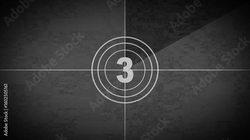 Retro vintage style countdown animated video . Top five countdown, neon light numbers from 0 to 5, Film leader countdown, Old movie countdown film reel