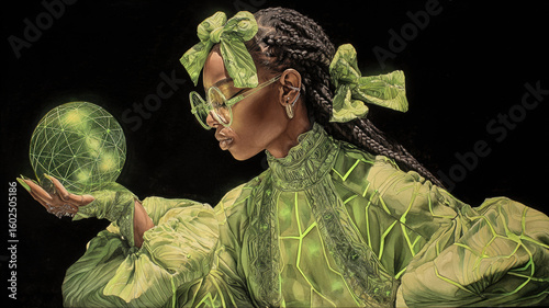 A stunning watercolor shows a woman in a dynamic pose, with brown braids tied by glowing green bows. She wears stylish glasses and holds a radiant green globe with a glowing grid.