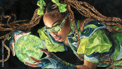 A stunning watercolor shows a woman in a dynamic pose, with brown braids tied by glowing green bows. She wears stylish glasses and holds a radiant green globe with a glowing grid.