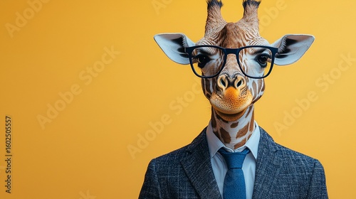 Giraffe in suit, studio portrait, yellow background, serious expression