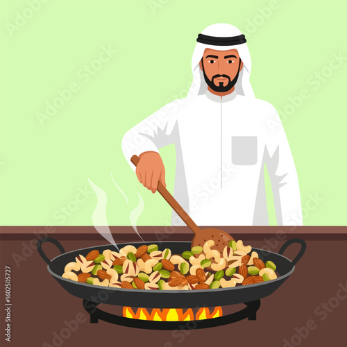 Arab Man Cooking Nuts in a Large Wok, Traditional Dress