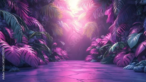 Vibrant, fantasy tropical tunnel, sunlit pathway, lush foliage