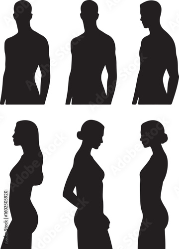 human body anatomy, front, back, side view, vector woman and man illustration