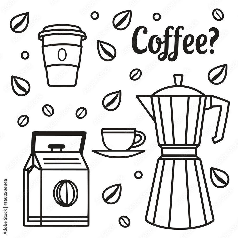 Obraz premium Black and white hand drawn illustration of coffee cup beans and moka pot drawing