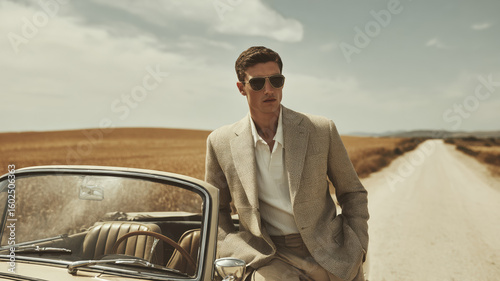Fashion editorial: a retro convertible on a beige road through golden fields. A male model leans on the door, wearing vintage aviator sunglasses.
