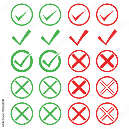 Collection of green and red checkmarks and crosses on white background check mark