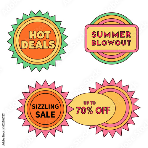 Four colorful summer sale badges with text hot deals summer blowout sizzling sale discount