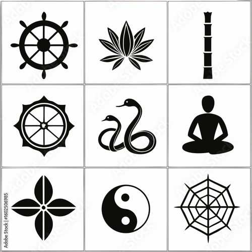 Nine black graphic icons including Dharma wheel lotus bamboo two snakes meditating person yin yang
