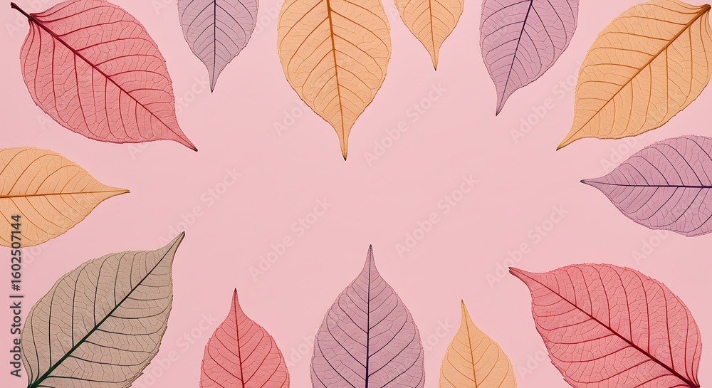 Obraz premium A delicate arrangement of translucent skeleton leaves in pastel hues of pink, yellow, and purple, encircling a soft pink background.