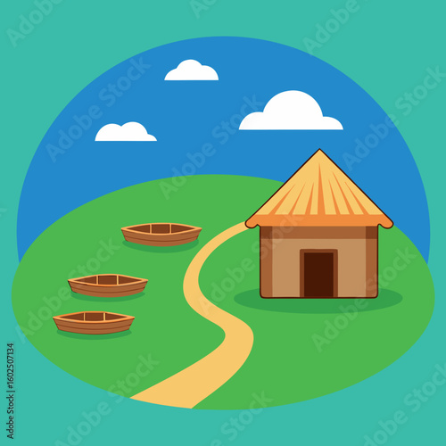 Simple thatched hut on green hill with boats and blue sky rural village