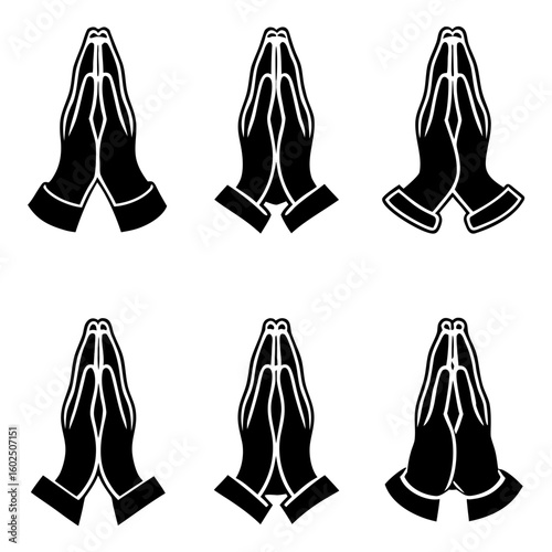 Six black and white silhouette icons of praying hands with white outlines prayer faith