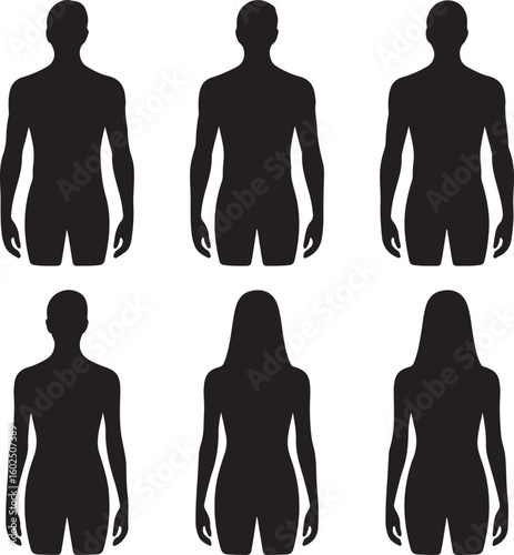 human body anatomy, front, back, side view, vector woman and man illustration