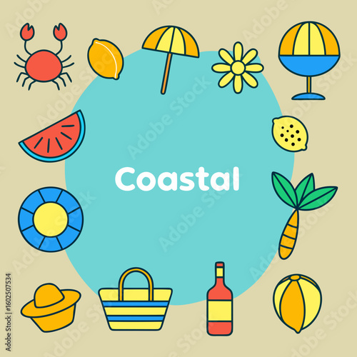 Whimsical Summer Beach Icons With Coastal Text seaside ocean