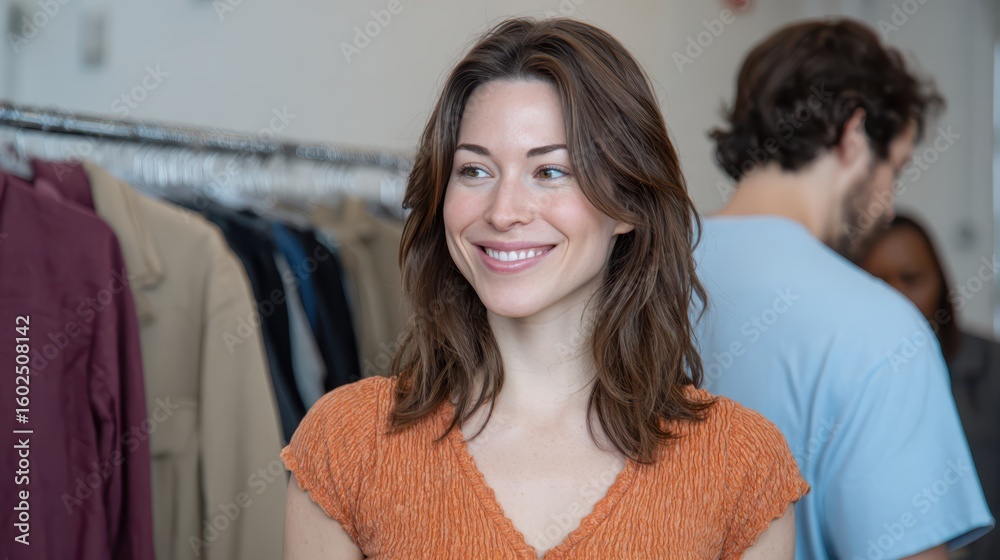 Obraz premium A young woman in an orange top smiles confidently in a clothing store with racks of clothes and other shoppers in the background.