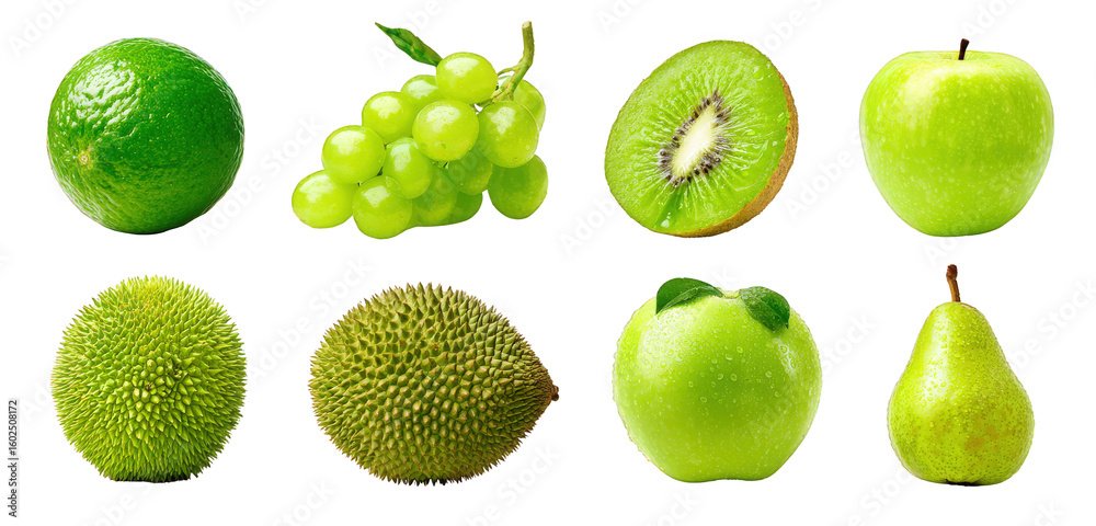 Assortment of vibrant fresh green fruits lime grapes kiwi apple pear tropical varieties isolate