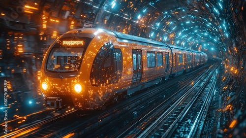 Futuristic train moving through glowing tunnel