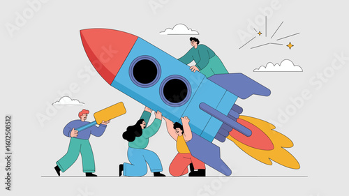 team of colleagues preparing a rocket for launch vector illustration, agile transformation, startup launch and teamwork collaboration