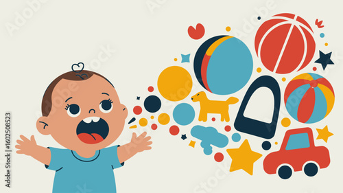 baby speaking with burst of toy icons vector illustration, language explosion, early childhood development and learning first words
