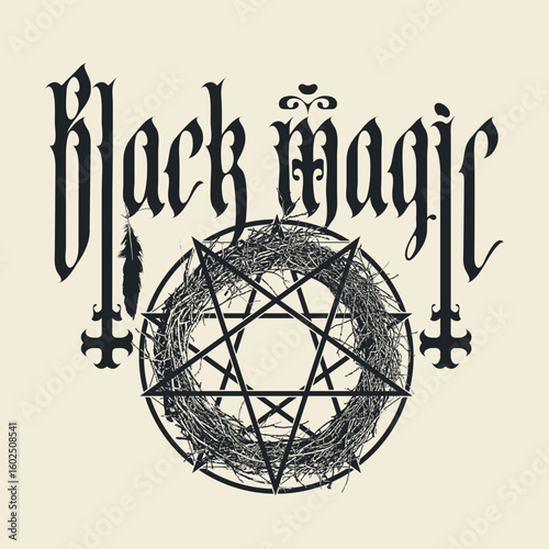 Vector banner with pentagrams, inverted crosses and words black magic, gothic font. Satanism symbol, occult witchcraft sign. T-shirt design, music cover, flyer, poster. No AI used
