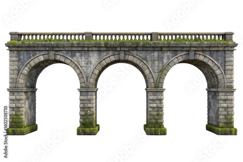 Ancient stone aqueduct with three arches and a decorative railing isolated on transparent background