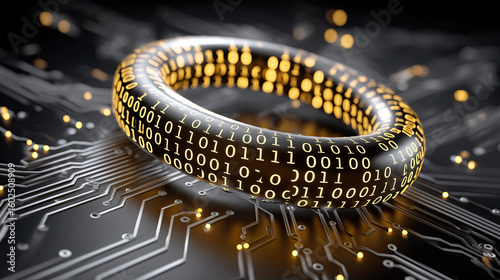 Futuristic ring made of binary code sits circuit board, symbolizing technology and digital innovation. glowing numbers create captivating visual
