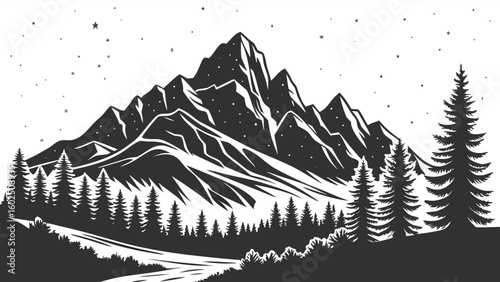 Vector Illustration of a Mountain Range with Pine Trees in a Scenic Wilderness Landscape