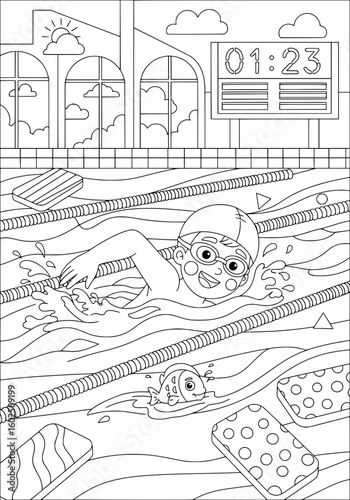 a boy swims in the pool. coloring book