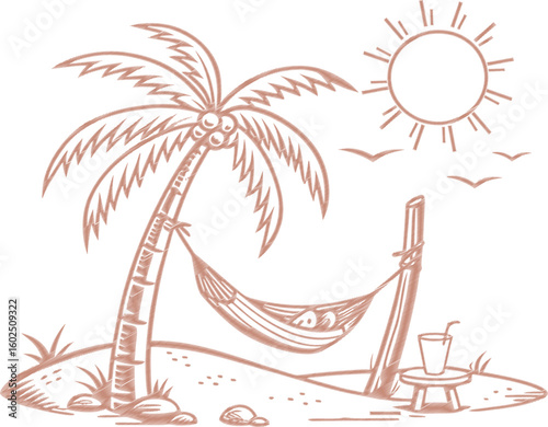 Hand-drawn tropical island scene with palm trees, hammock, sun, birds, and drink. Minimal brown outline on white background. Perfect for vacation, relaxation, and beach lifestyle themes.
