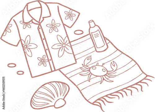 Hand-drawn beach outfit and essentials with floral shirt, crab towel, bottle, shell, and stones. Brown line art on white background. Great for summer, vacation, and coastal lifestyle themes.