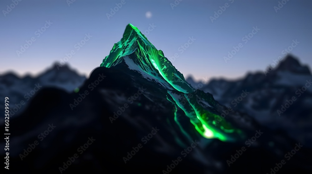 Obraz premium Mount Thor, Emerald Peak: Glowing Mountain Against Twilight Sky with Distant Peaks and Moon