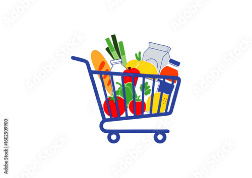 Shopping cart brimming with gifts and bags, a symbol of retail commerce and purchase