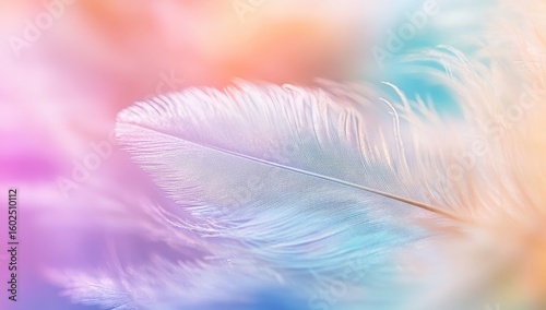 Soft white feather close-up, vibrant pastel colors