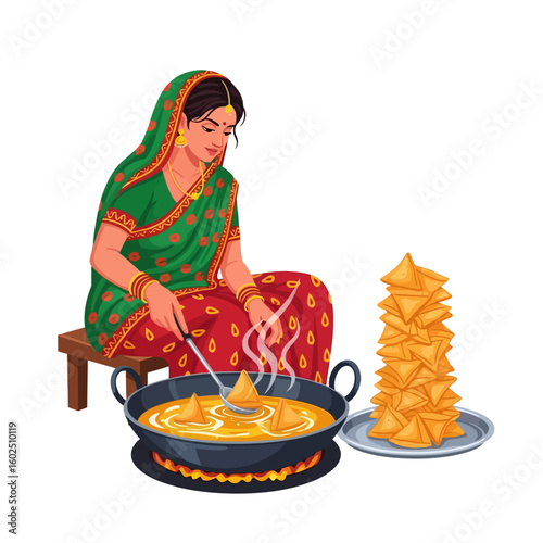 Woman Cooking Golden Fried Pastries in Traditional Attire