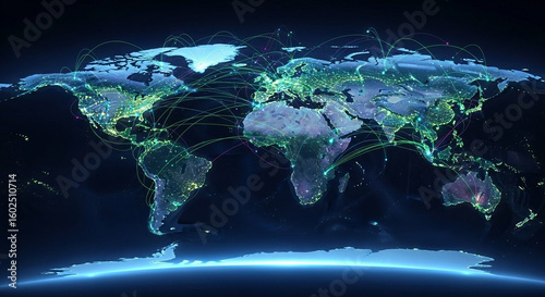 A world map illuminated with city lights and network connections in blue hues