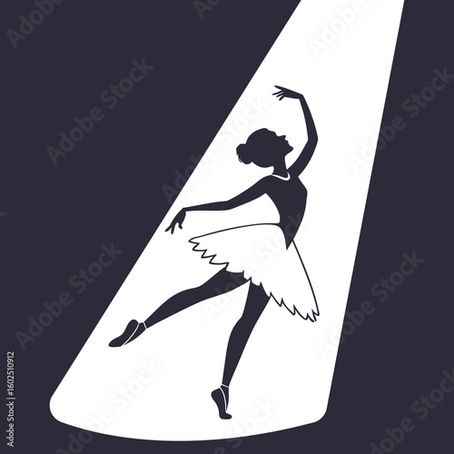 Graceful Ballerina Dancing Under Spotlight in Elegant Tutu Silhouette Illustration
