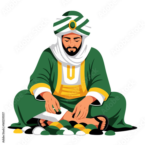 Focused Bearded Man with Turban Counting Colorful Pebbles