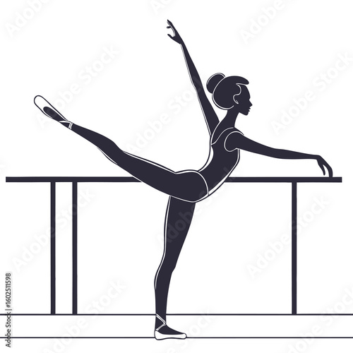 Ballet Dancer Silhouette Practicing at Barre in Arabesque Pose
