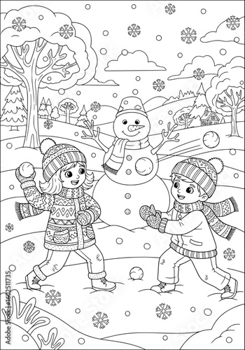 A boy and a girl throw snow balls at each other. coloring book