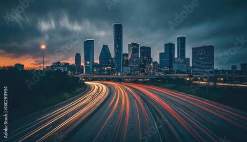 Cityscape at dawn, highway streaks, dramatic sky