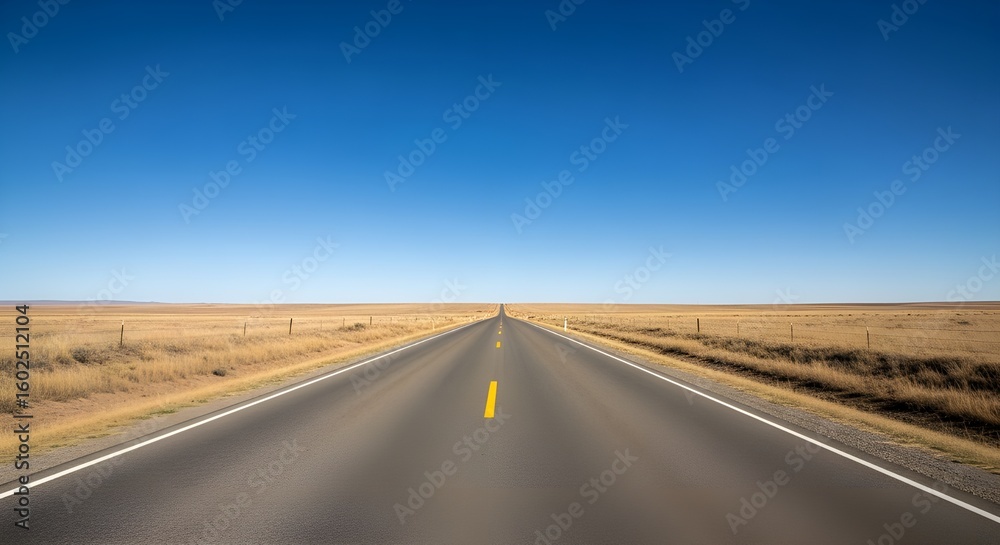 Empty Road Stretching to the Horizon in a Dry Field blue sky Empty Road Stretching to the Horizon in a Dry Field blue sky