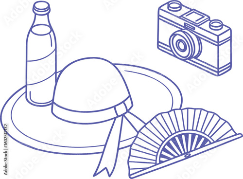 Minimalist summer travel line art with hat, hand fan, bottle, and vintage camera. Clean blue outline illustration perfect for vacation, tourism, and leisure concepts. Ideal for posters 
