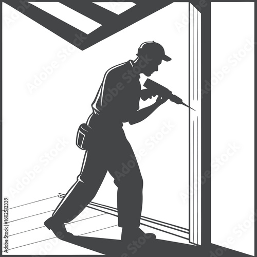 Silhouette of Carpenter Using Power Drill Inside Building Under Construction
