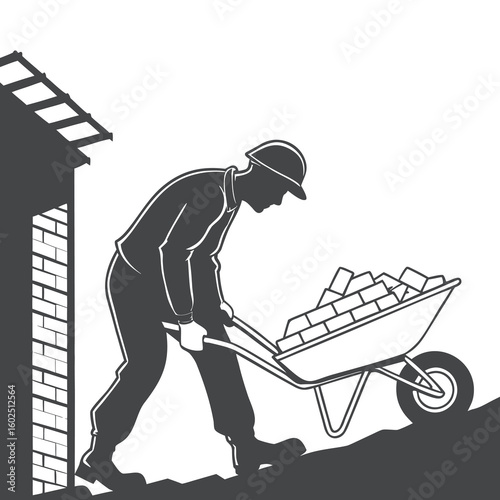 Silhouette of Construction Worker Pushing Wheelbarrow Full of Bricks at Worksite
