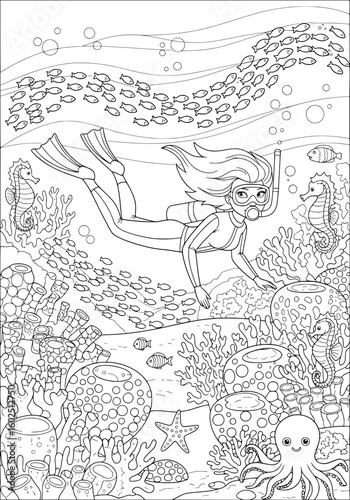 A girl diver swims underwater at sea. coloring book