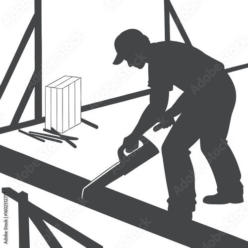 Silhouette of Construction Worker Using Handsaw on Beam at Building Site

