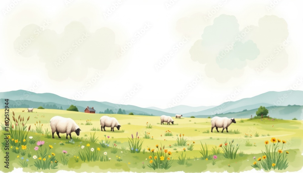 Obraz premium Grazing Sheep Serene Watercolor Field