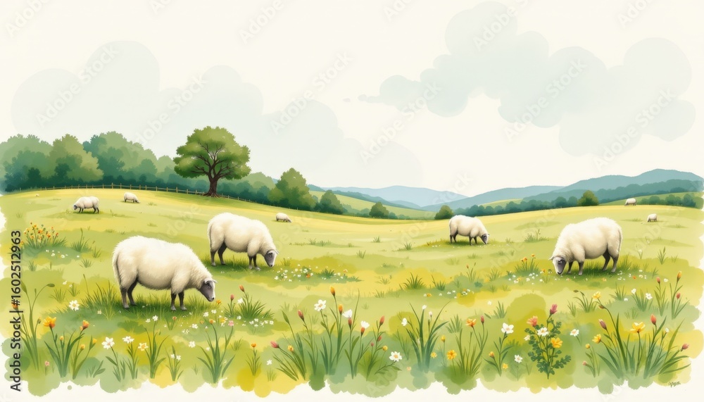 Fototapeta premium Charming Watercolor Vignette Grazing Sheep
