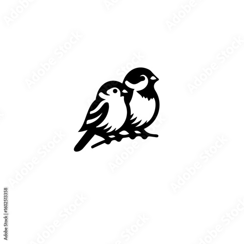 Two small birds perched closely together on a branch in a simple black and white design