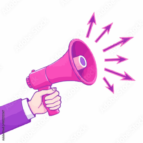 Hand holding pink megaphone with sound waves in bright colors  