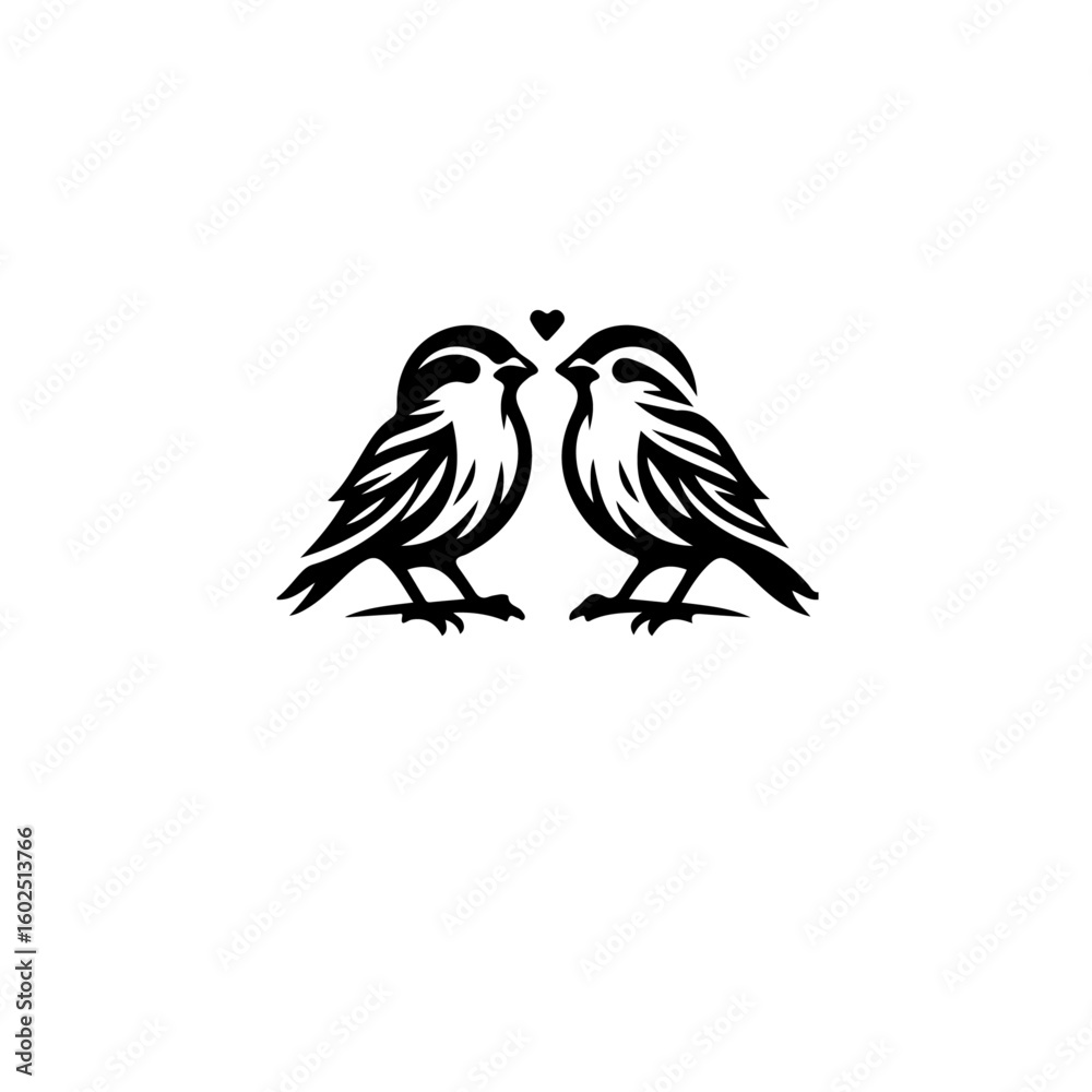 Fototapeta premium Two birds facing each other with a heart shape floating above them in black and white